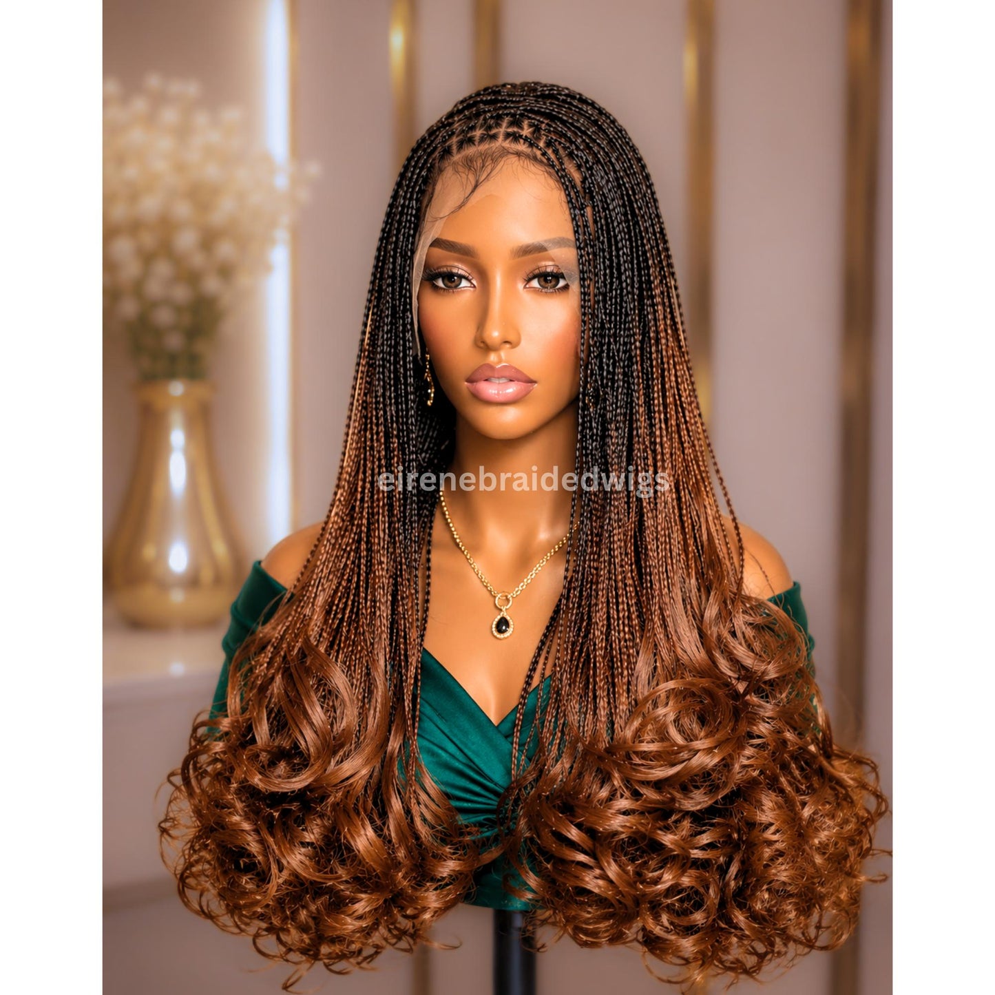 Braided Wigs for Black Women – Knotless Braid Wig – Ombre Spanish Curls – French Nano Twist – Human Hair Lace Closure – product image 7