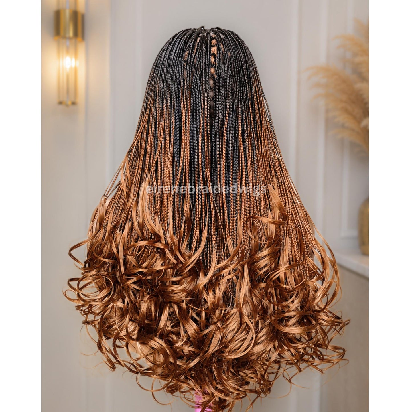 Braided Wigs for Black Women – Knotless Braid Wig – Ombre Spanish Curls – French Nano Twist – Human Hair Lace Closure – product image 6