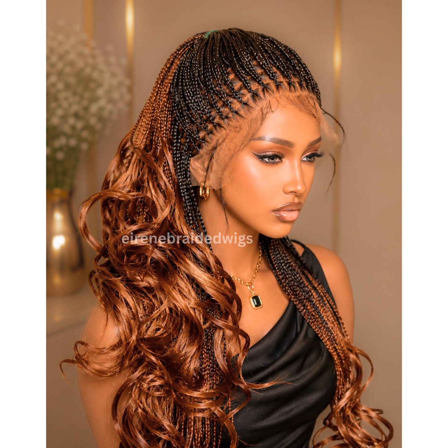 Braided Wigs for Black Women – Knotless Braid Wig – Ombre Spanish Curls – French Nano Twist – Human Hair Lace Closure – product image 5