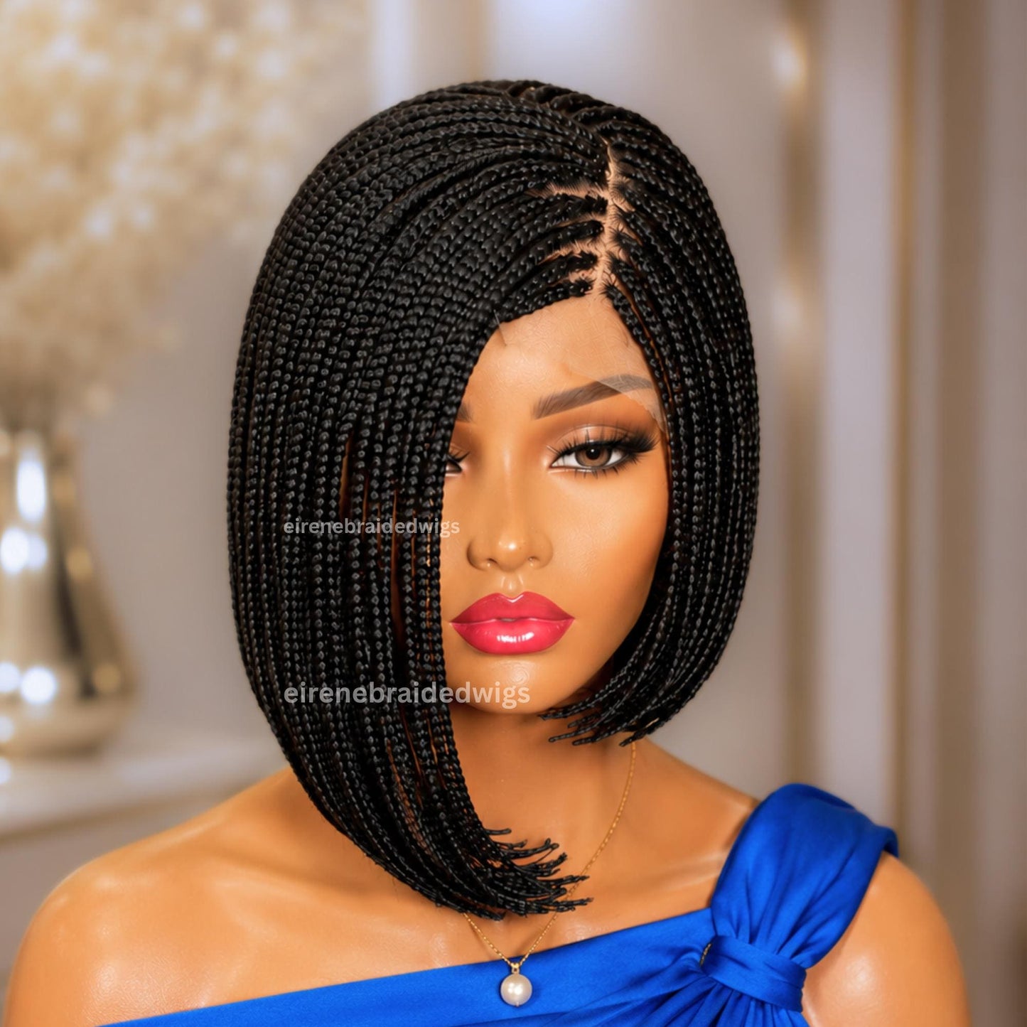 Braided Wigs for Black Women – Asymmetrical Short Bob Box Braids Wig – Side Parting Black Lace Front Wig – product image 2