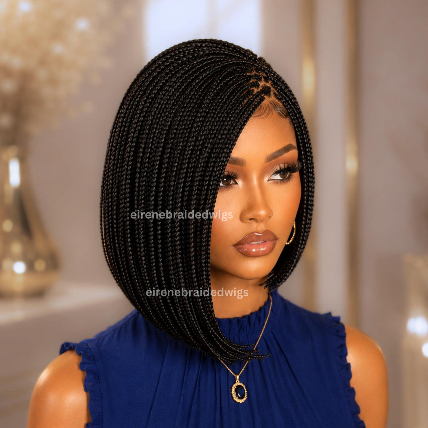 Braided Wigs for Black Women – Asymmetrical Short Bob Box Braids Wig – Side Parting Black Lace Front Wig – product image 4