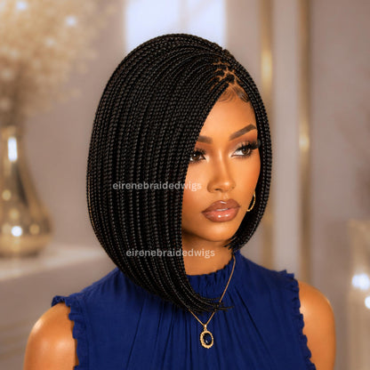 Braided Wigs for Black Women – Asymmetrical Short Bob Box Braids Wig – Side Parting Black Lace Front Wig – product image 4