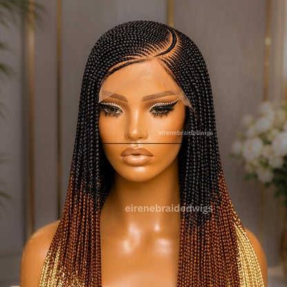 Braided Wigs for Black Women – Lace Frontal C-curve Braided Wig – Fulani Tribal Cornrow – Black Brown Blonde Ombre Wig – product image 4