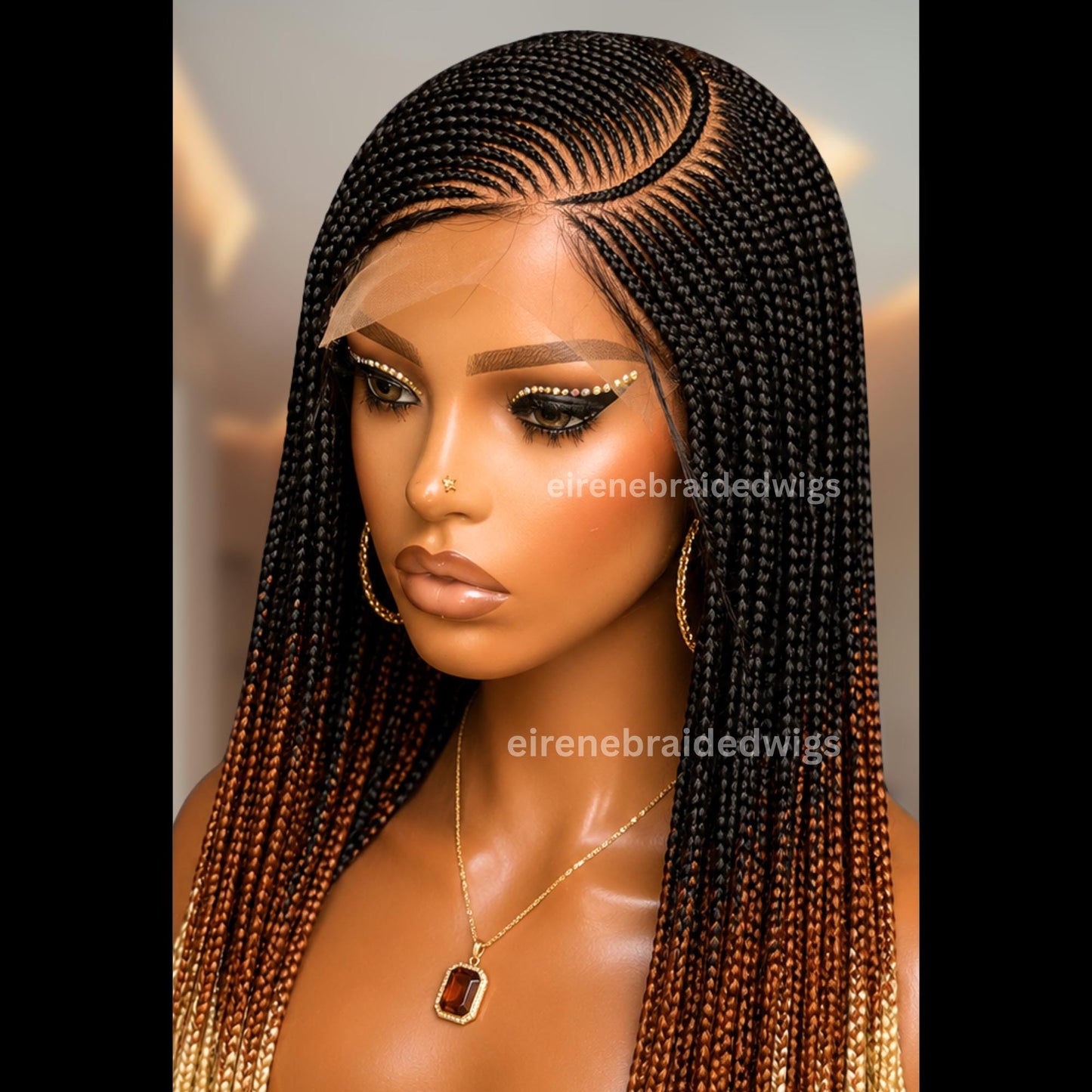 Braided Wigs for Black Women – Lace Frontal C-curve Braided Wig – Fulani Tribal Cornrow – Black Brown Blonde Ombre Wig – product image 1