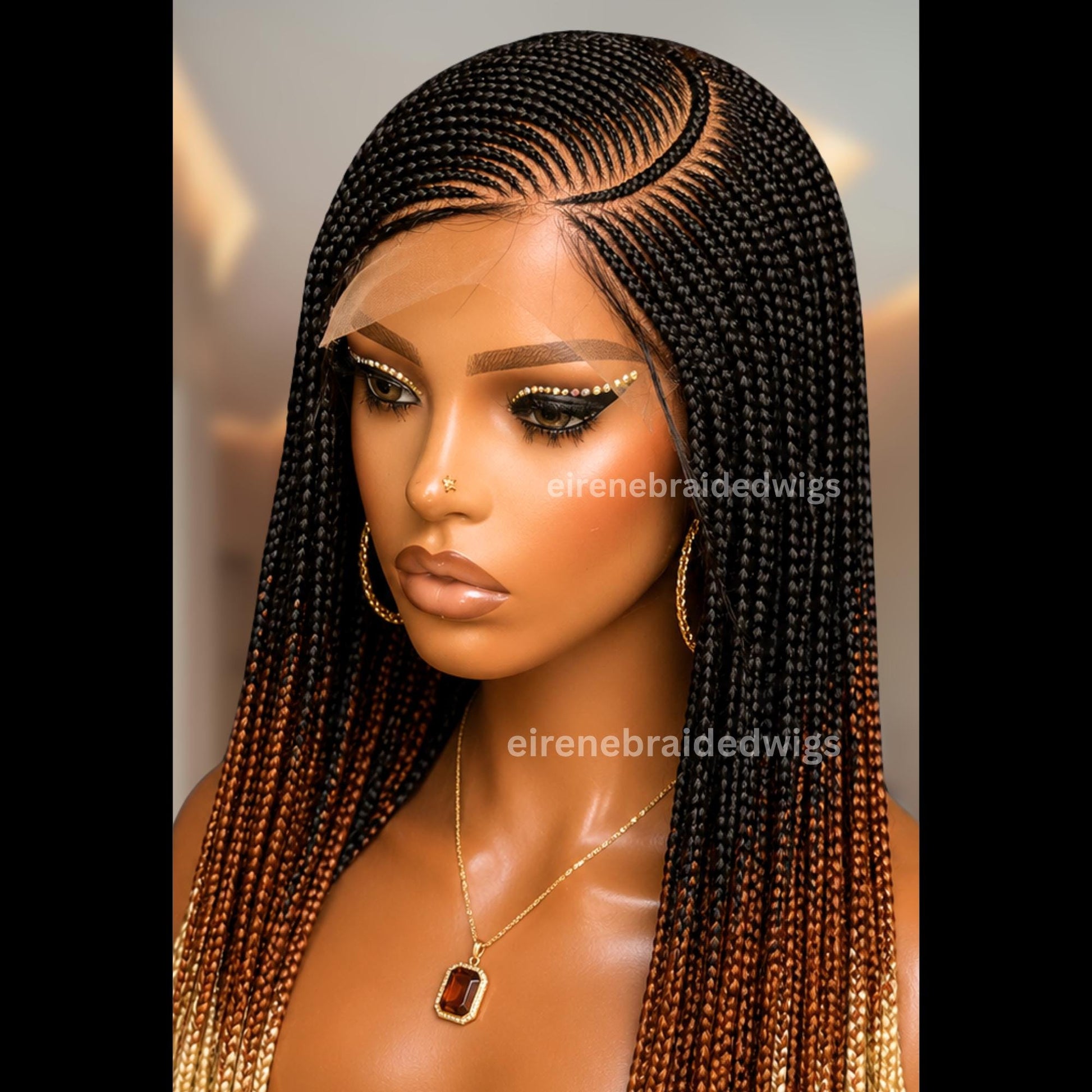 Braided Wigs for Black Women – Lace Frontal C-curve Braided Wig – Fulani Tribal Cornrow – Black Brown Blonde Ombre Wig – product image 1
