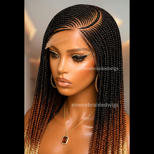 Braided Wigs for Black Women – Lace Frontal C-curve Braided Wig – Fulani Tribal Cornrow – Black Brown Blonde Ombre Wig – product image 1