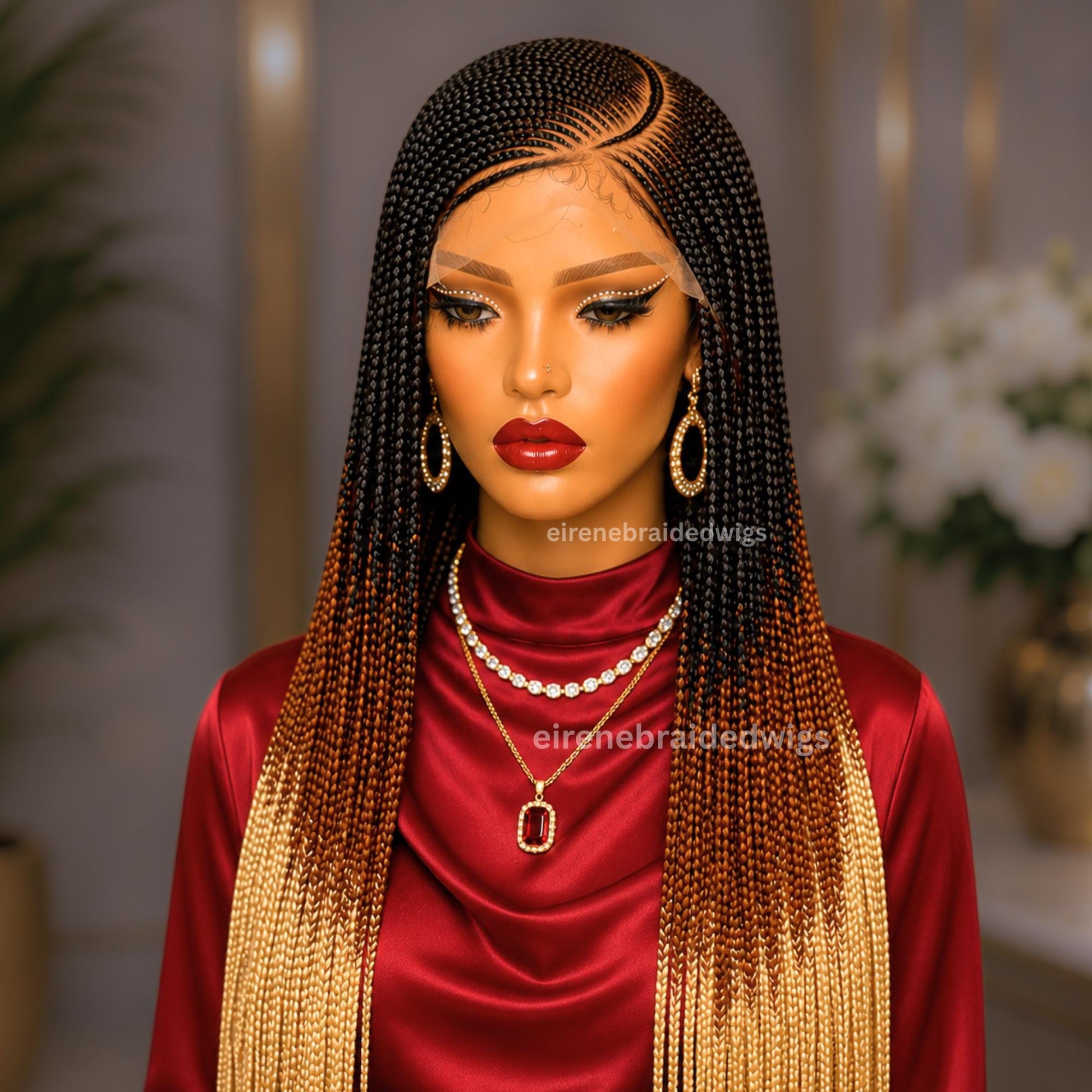 Braided Wigs for Black Women – Lace Frontal C-curve Braided Wig – Fulani Tribal Cornrow – Black Brown Blonde Ombre Wig – product image 3