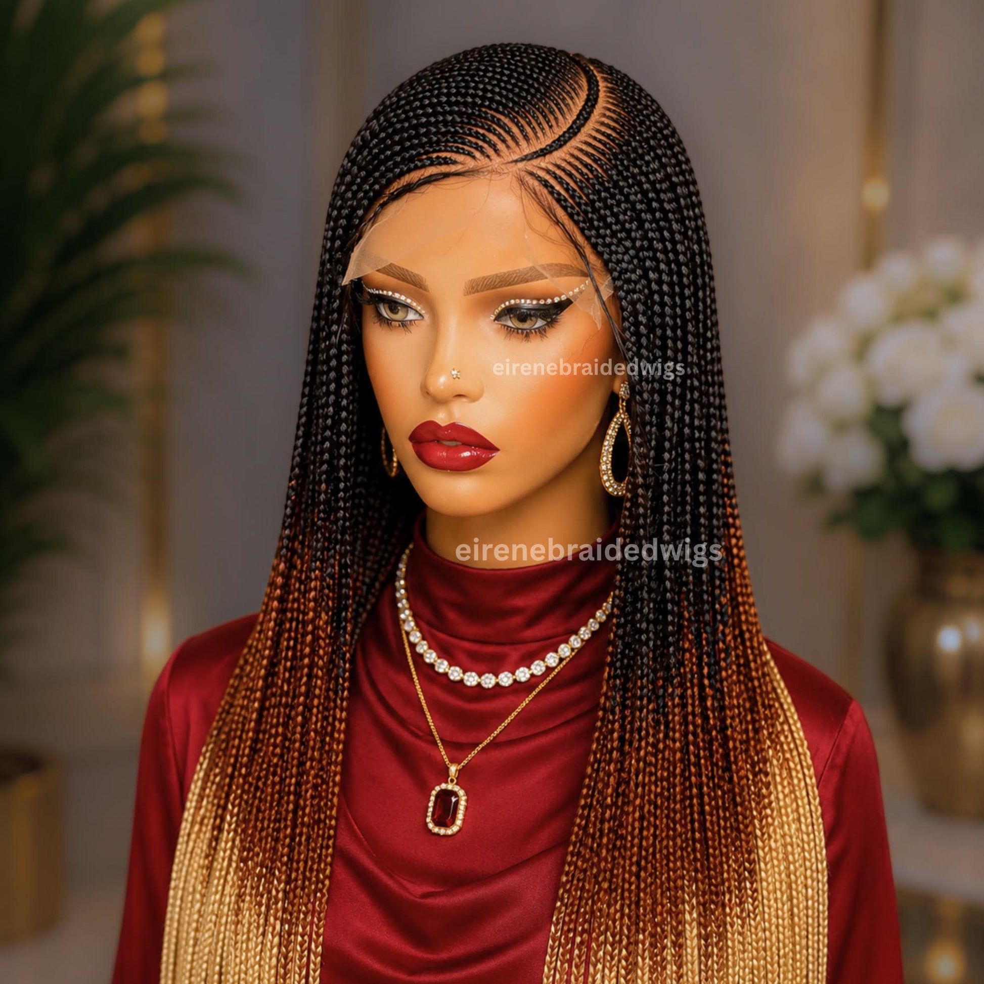 Braided Wigs for Black Women – Lace Frontal C-curve Braided Wig – Fulani Tribal Cornrow – Black Brown Blonde Ombre Wig – product image 2