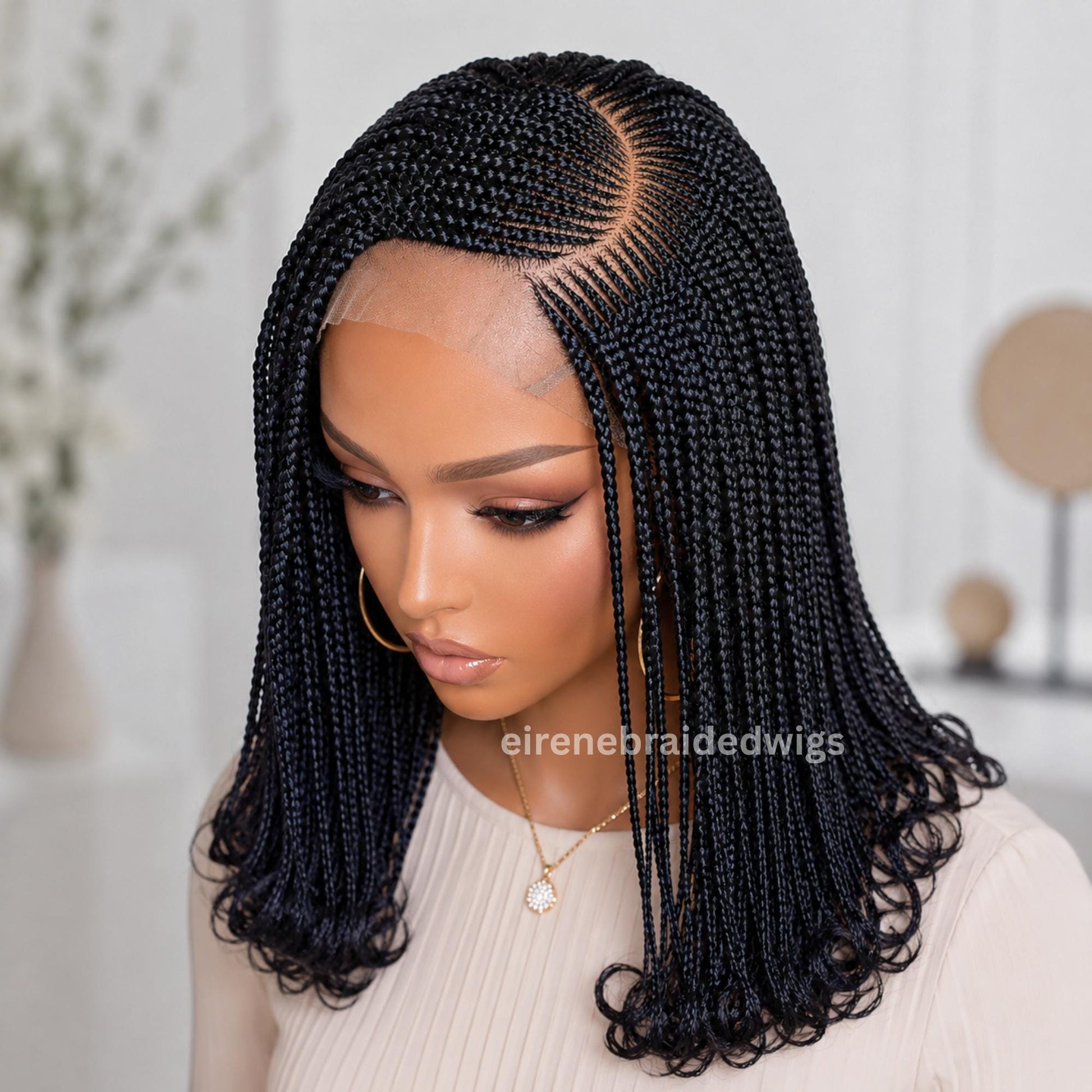 Braided Wigs for Black Women C-Cut Cornrow Braided Wig – Curly Human Hair Lace-Frontal Box Braids – product image 1