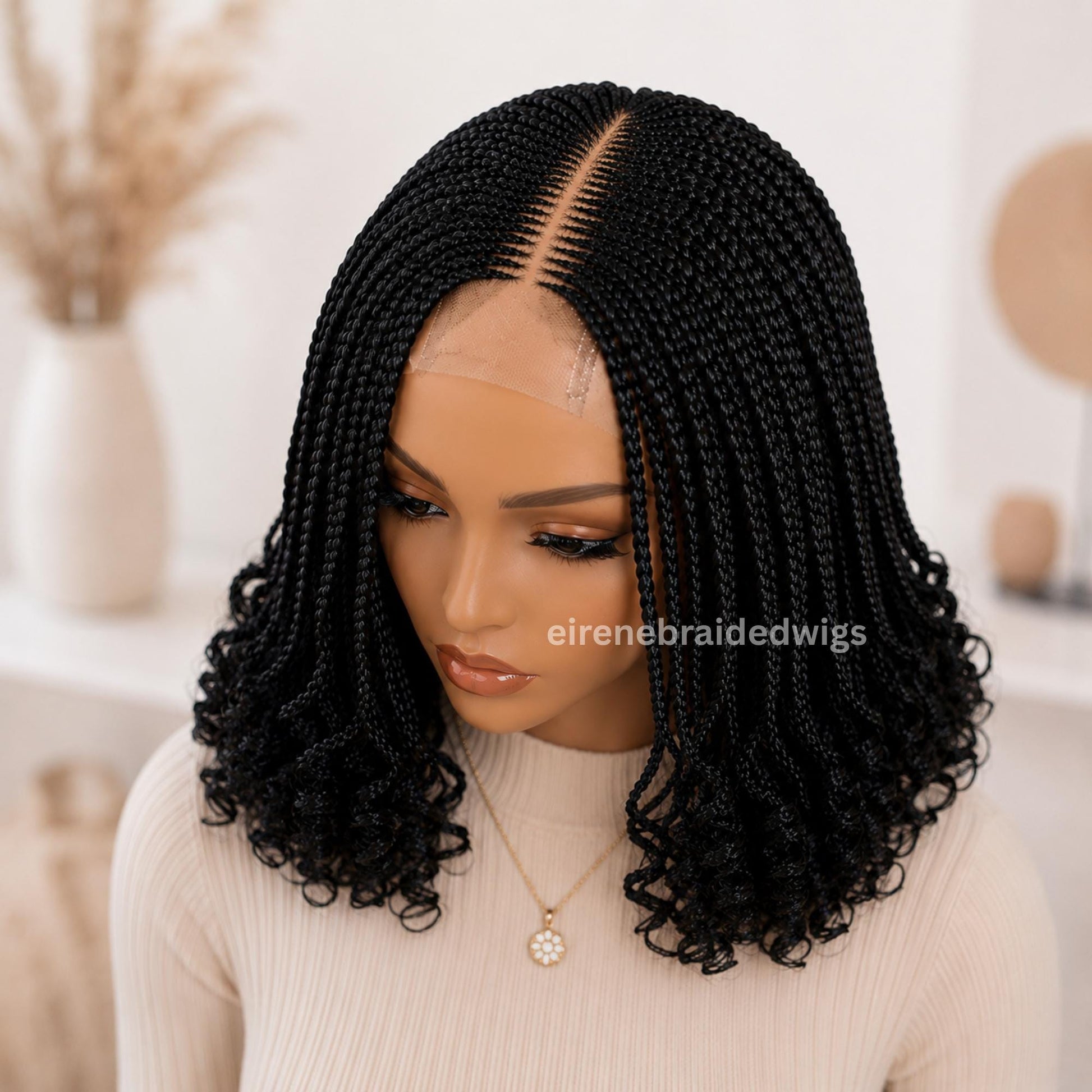 Braided Wigs for Black Women Braided Bob Wig – Black Spanish Curls – Lace Closure – product image 1