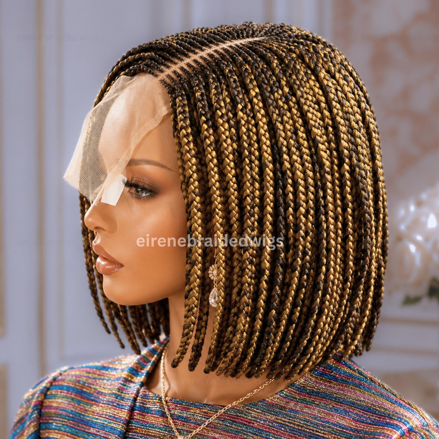 Braided Wigs for Black Women Bob Braids Wig – Short Brown Cornrow Wig with Gold Side Part – product image 3