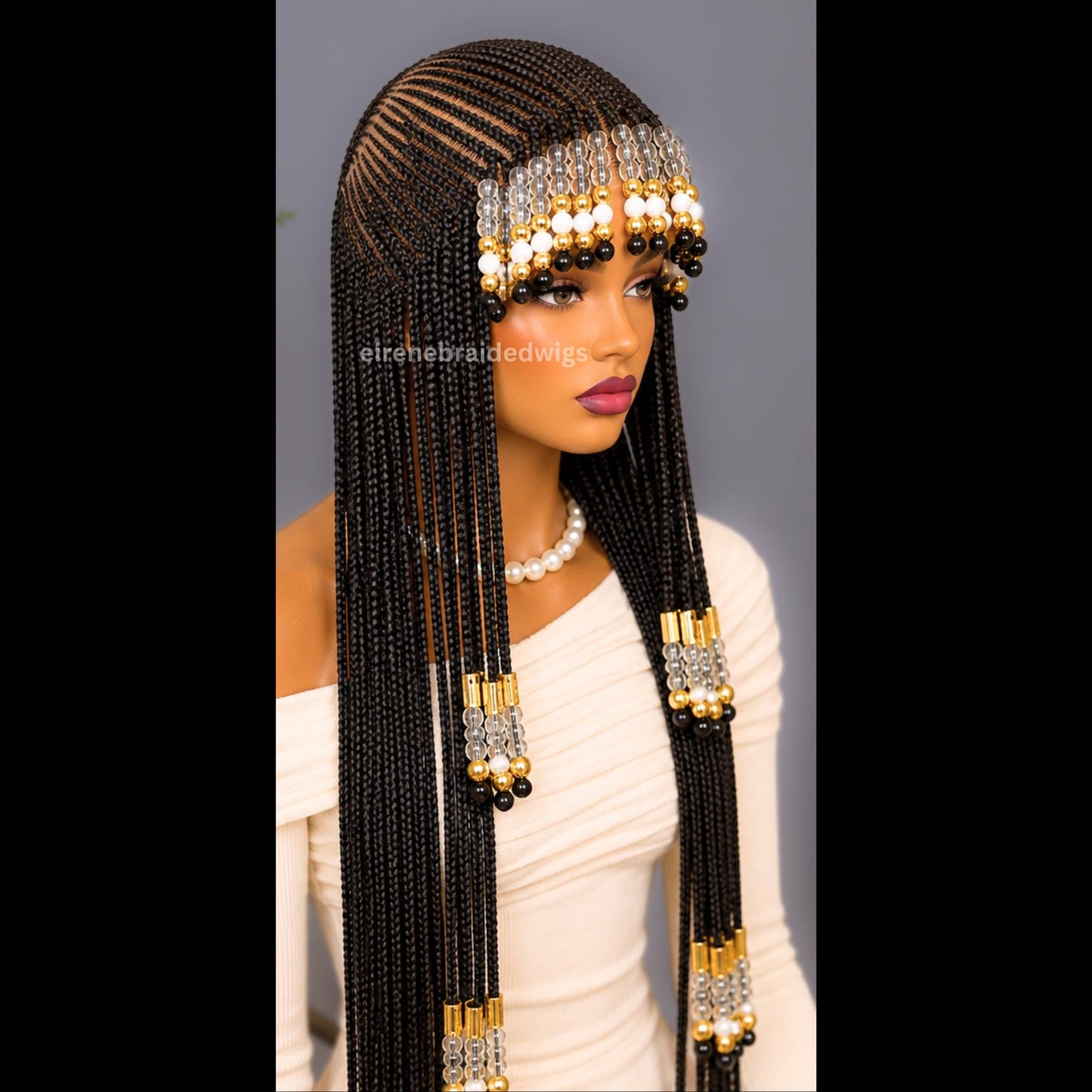 Braids wig with Bangs – Fringe Braided Wig With Beads – African Tribal Cornrow Wig for Black Women – Human Hair Lace Frontal Cleopatra – product image 4