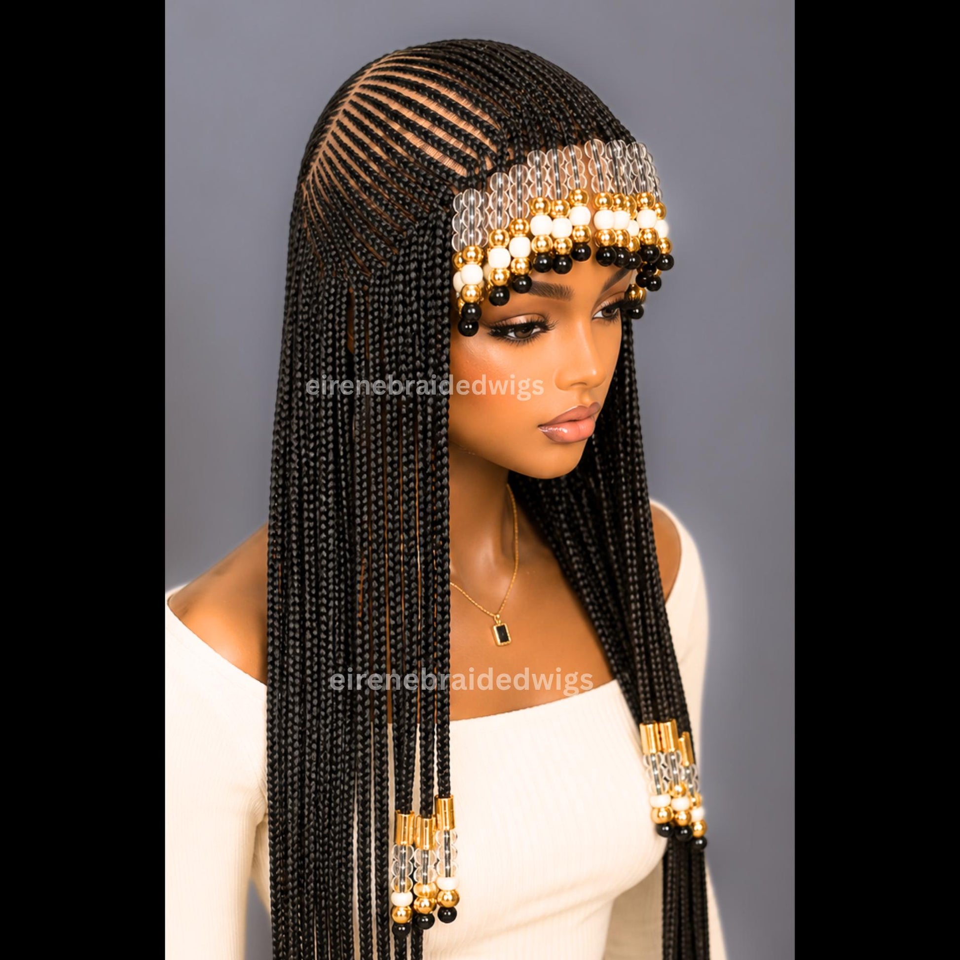 Braids wig with Bangs – Fringe Braided Wig With Beads – African Tribal Cornrow Wig for Black Women – Human Hair Lace Frontal Cleopatra – product image 3