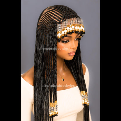Braids wig with Bangs – Fringe Braided Wig With Beads – African Tribal Cornrow Wig for Black Women – Human Hair Lace Frontal Cleopatra – product image 3