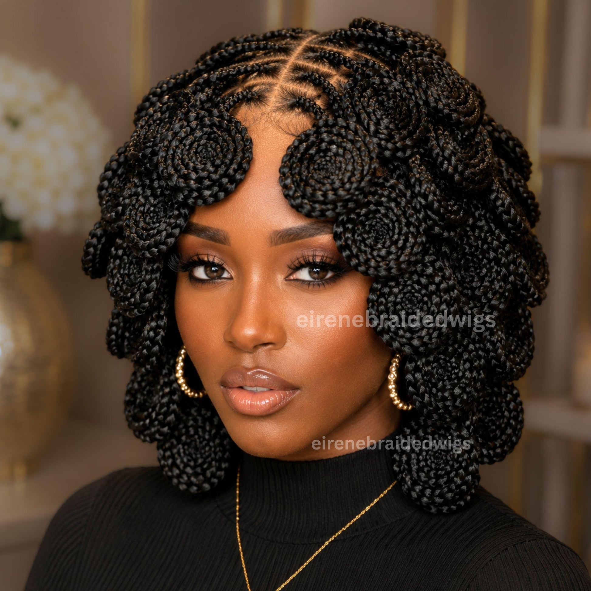 Full Lace Knotless Box Braided Wig – Short Bob Glueless Braids Wig – Handmade African Koroba Wig – Single Braids Rose Coil – product image 4