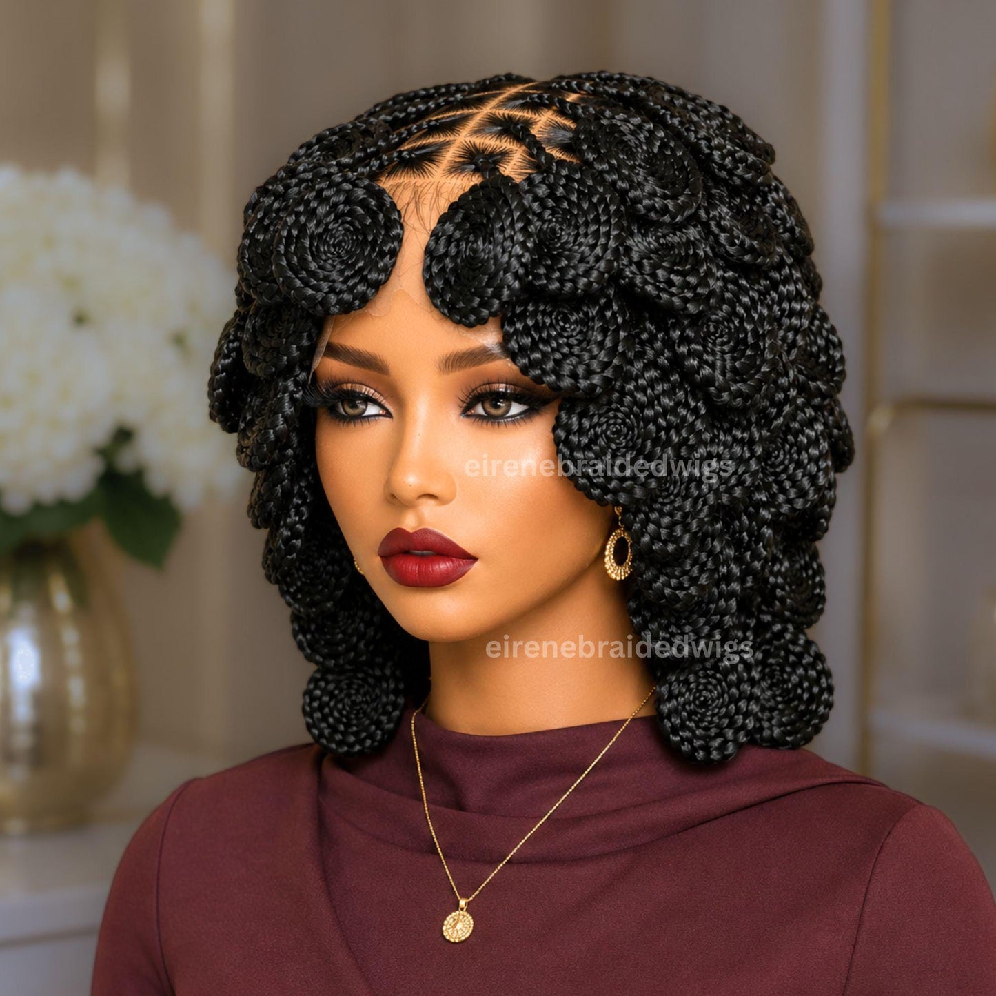 Full Lace Knotless Box Braided Wig – Short Bob Glueless Braids Wig – Handmade African Koroba Wig – Single Braids Rose Coil – product image 3