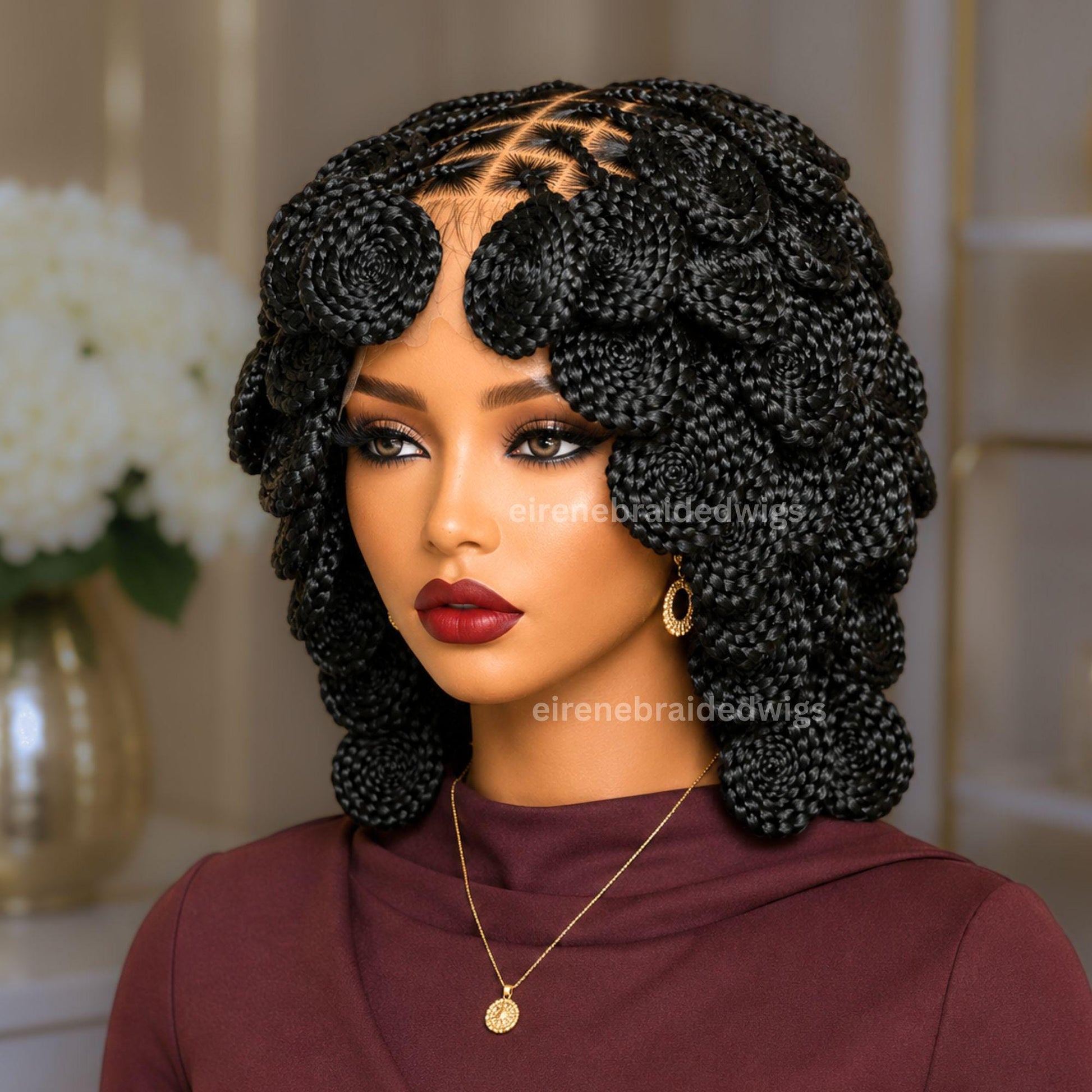 Full Lace Knotless Box Braided Wig – Short Bob Glueless Braids Wig – Handmade African Koroba Wig – Single Braids Rose Coil – product image 3