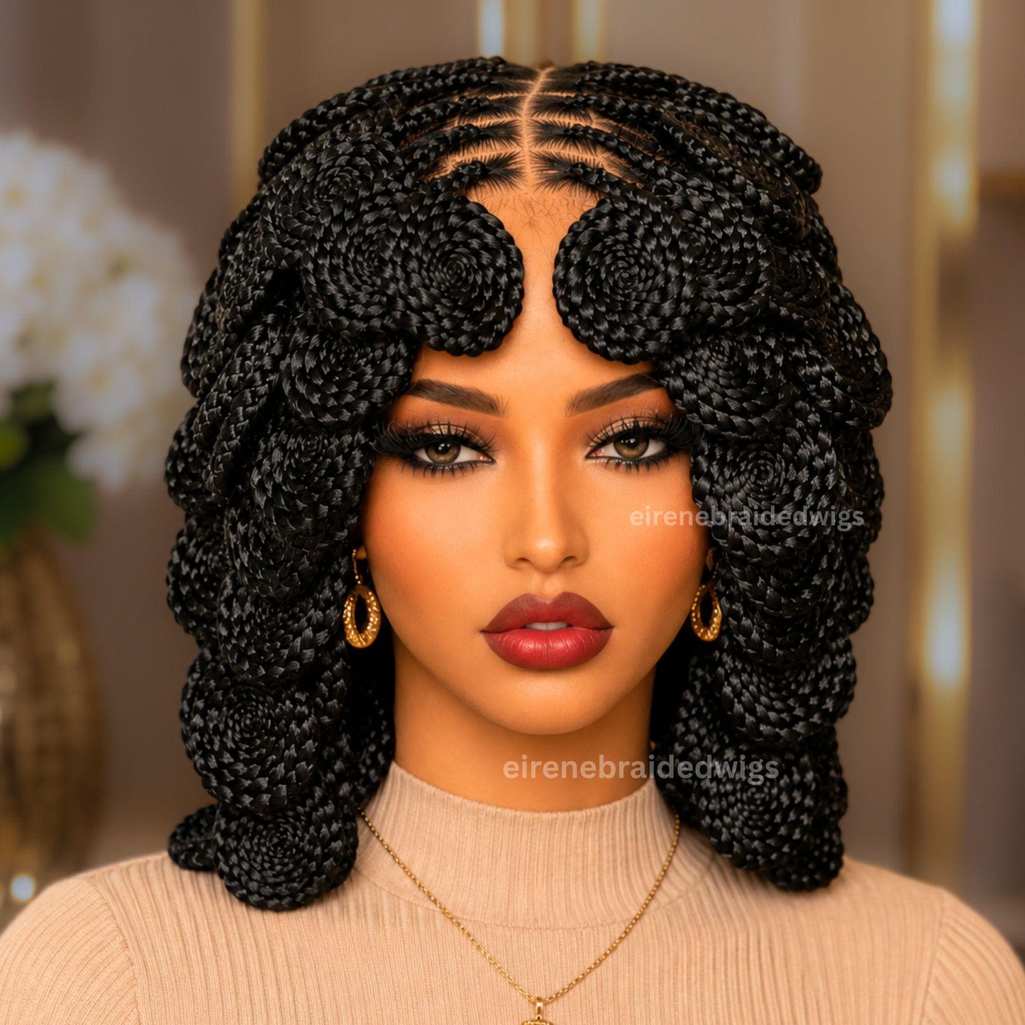 Full Lace Knotless Box Braided Wig – Short Bob Glueless Braids Wig – Handmade African Koroba Wig – Single Braids Rose Coil – product image 2