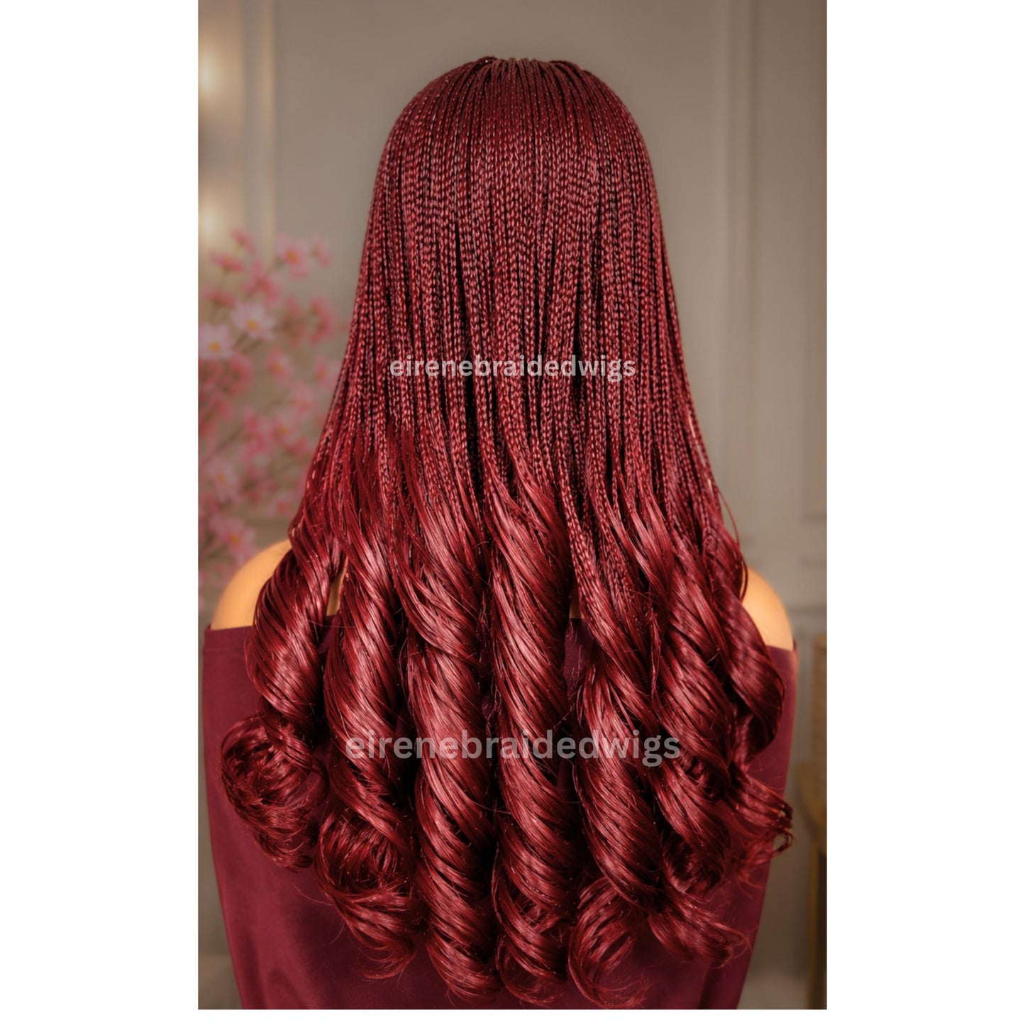 Braided Wig for Black Women – Knotless Braid Wig – Red Burgundy Aurburn Spanish Curls – Single Box Braids French Wave – Human Hair – product image 3
