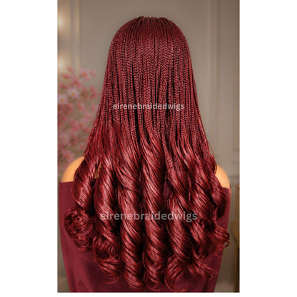 Braided Wig for Black Women – Knotless Braid Wig – Red Burgundy Aurburn Spanish Curls – Single Box Braids French Wave – Human Hair – product image 3