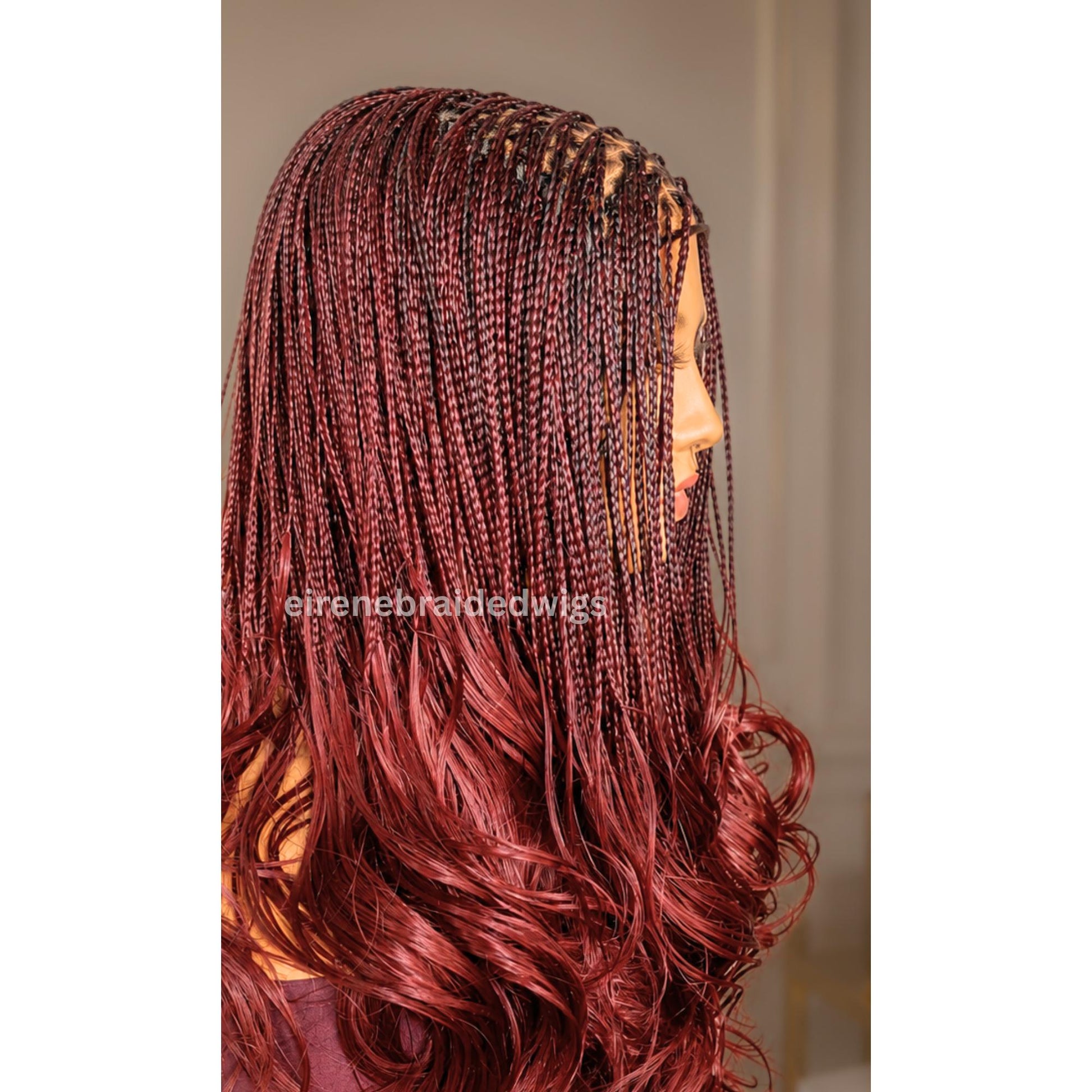 Braided Wig for Black Women – Knotless Braid Wig – Red Burgundy Aurburn Spanish Curls – Single Box Braids French Wave – Human Hair – product image 2