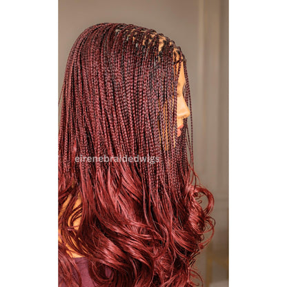 Braided Wig for Black Women – Knotless Braid Wig – Red Burgundy Aurburn Spanish Curls – Single Box Braids French Wave – Human Hair – product image 2