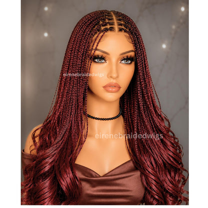 Braided Wig for Black Women – Knotless Braid Wig – Red Burgundy Aurburn Spanish Curls – Single Box Braids French Wave – Human Hair – product image 4