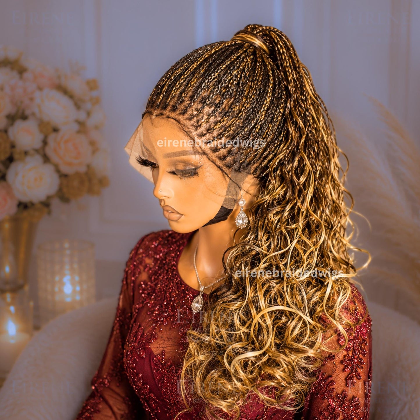 Braided Wigs for Black Women – Knotless Braid Wig – Ombre Spanish Curls – French Nano Twist – Human Hair Full Lace Wig – Gold Brown – product image 3