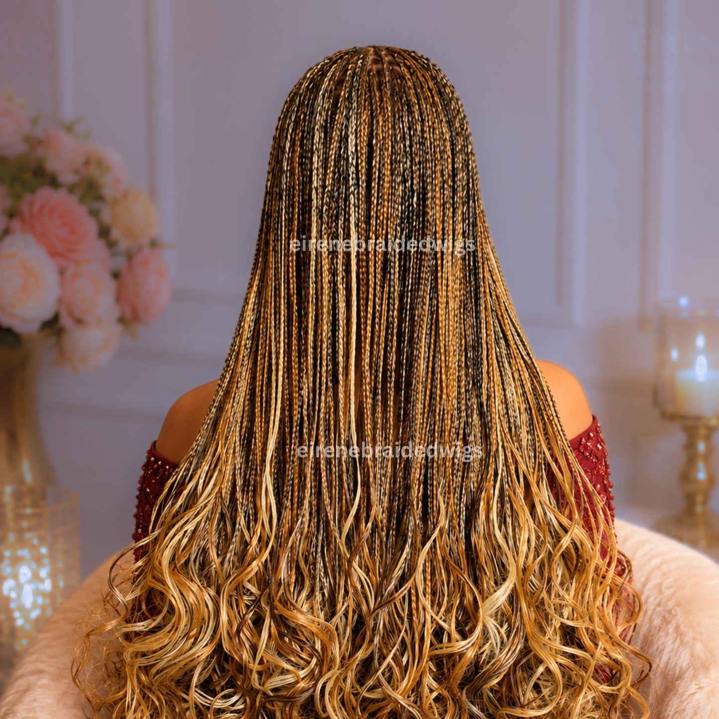 Braided Wigs for Black Women – Knotless Braid Wig – Ombre Spanish Curls – French Nano Twist – Human Hair Full Lace Wig – Gold Brown – product image 4
