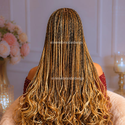 Braided Wigs for Black Women – Knotless Braid Wig – Ombre Spanish Curls – French Nano Twist – Human Hair Full Lace Wig – Gold Brown – product image 4