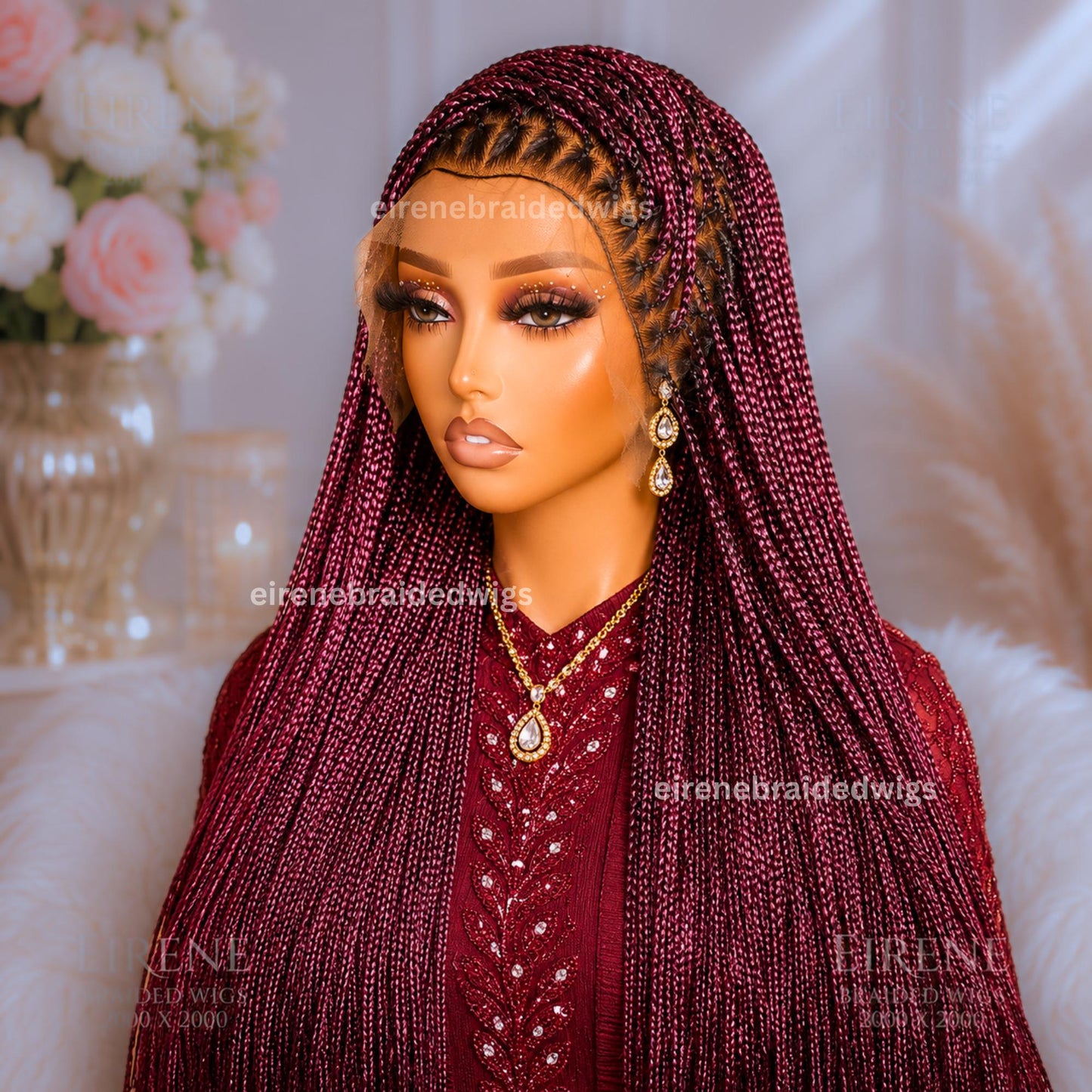 Braided Wigs for Black Women – Single Knotless Box Braids Wig – Long Red Burgurndy Aurburn Ombre Boho Goddess Baidd – product image 2