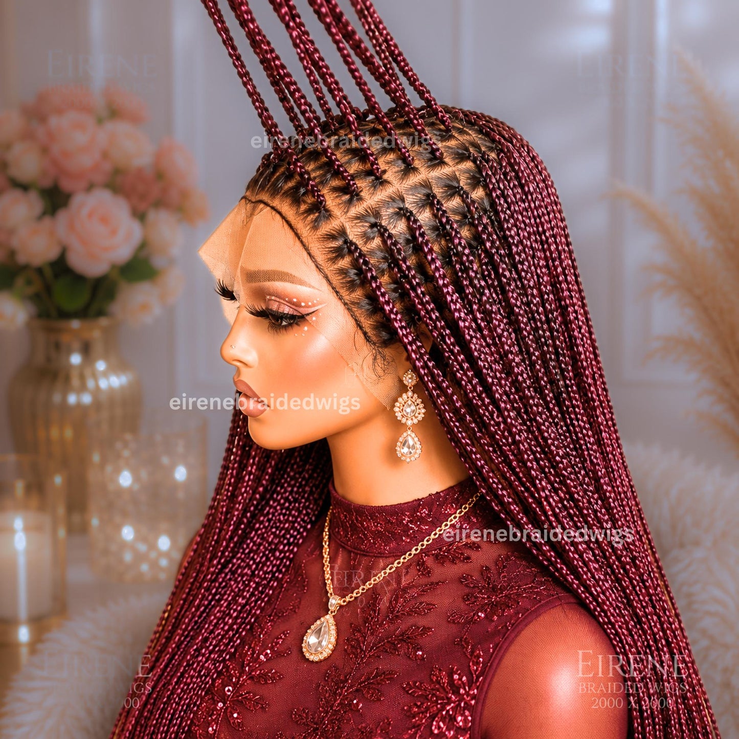 Braided Wigs for Black Women – Single Knotless Box Braids Wig – Long Red Burgurndy Aurburn Ombre Boho Goddess Baidd – product image 3