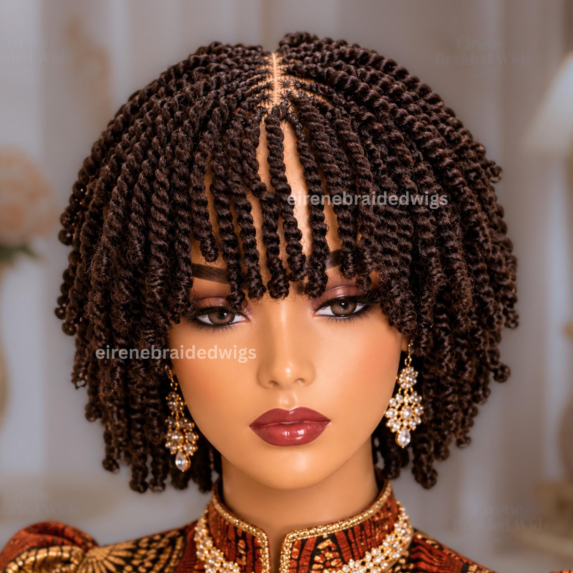 Brown Spring Twist Braided Wigs for Black Women – Light-weight Lace Closure Bob Wig – product image 1
