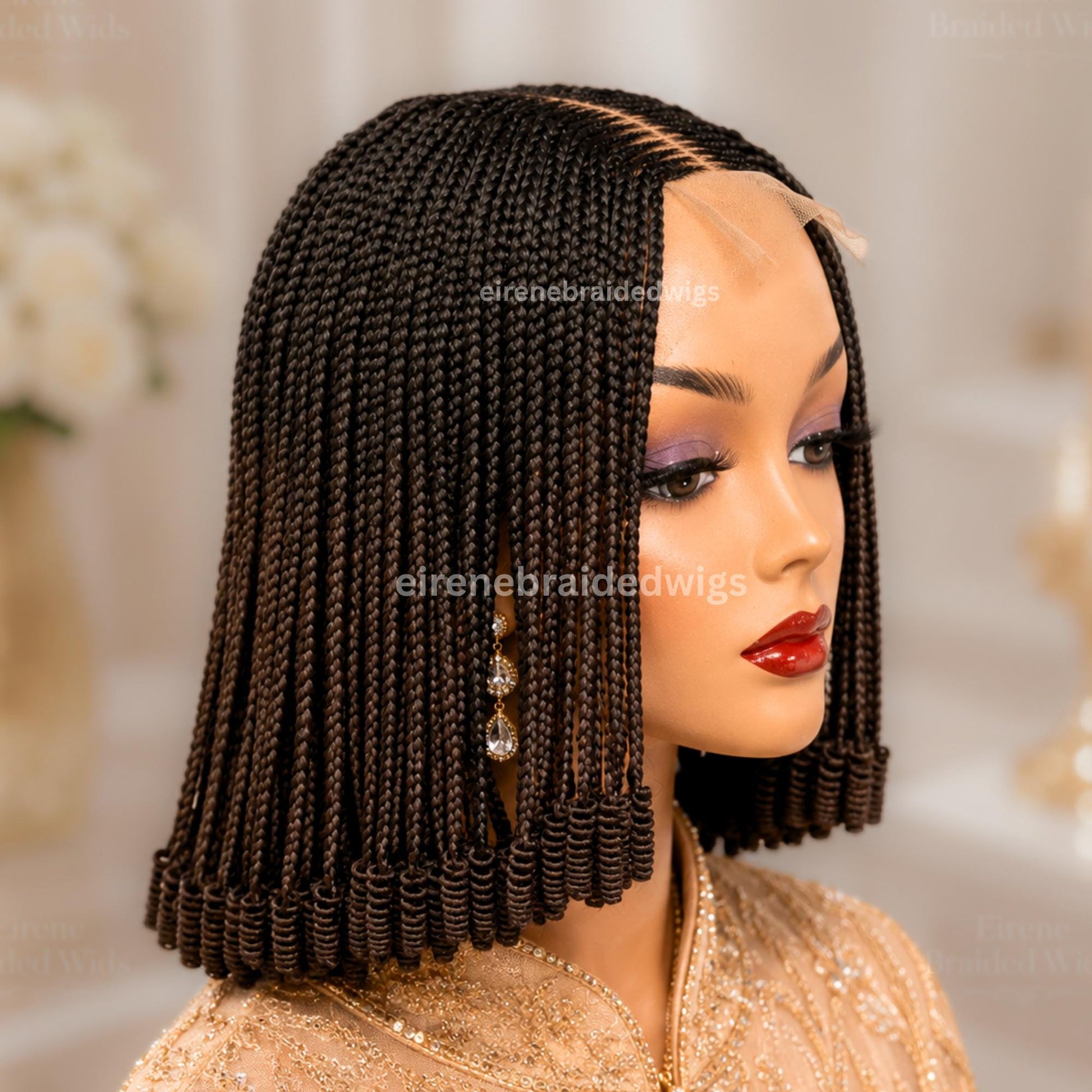 Braided Wigs for Black Women Braided Bob Wig – Black Brown Ombre Fulani Cornrow Human Hair Blend Lace Closure – product image 4