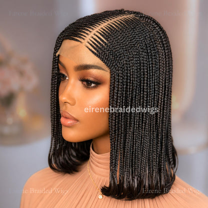 Braided Short Bob Wig for Black Women – Black Brown Fulani Cornrow Human Hair Blend Lace Closure – product image 4