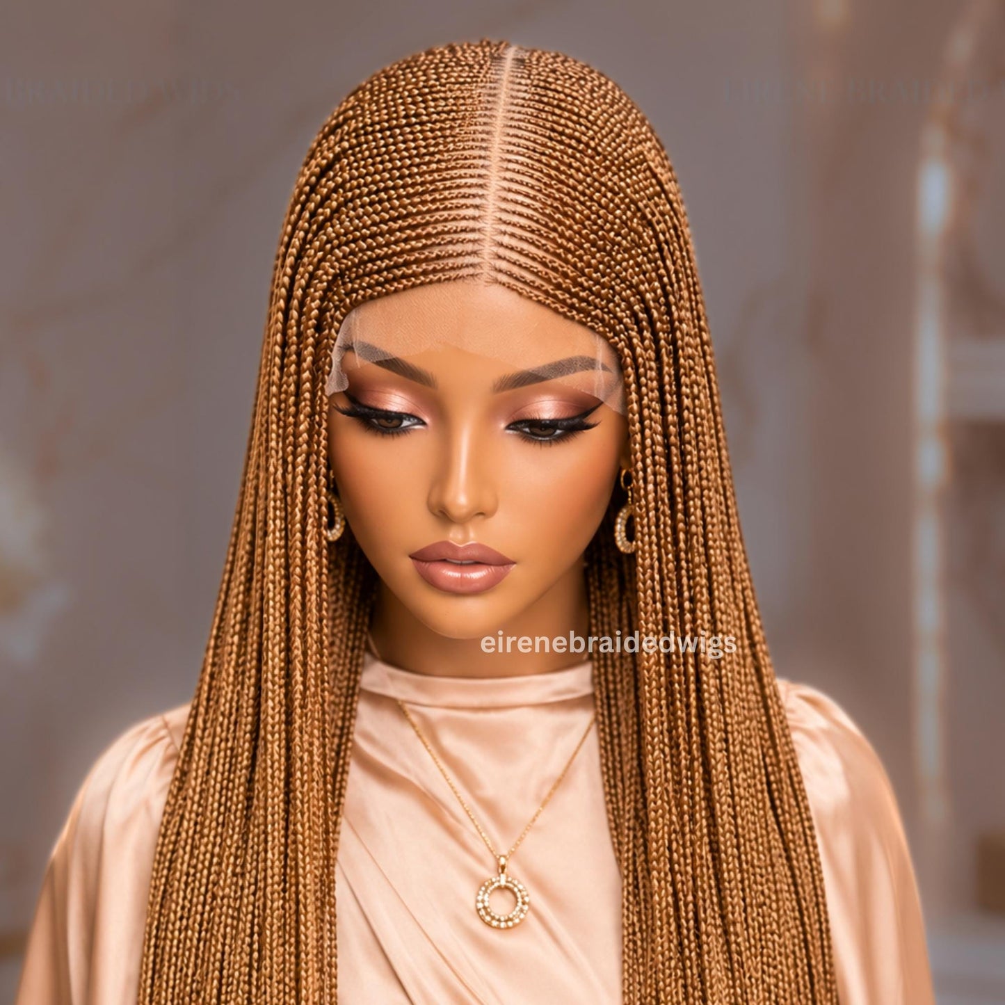 Braided Wigs for Black Women 30" Brown & Gold Cornrow Braid Wig – Middle Part Lace Frontal – product image 4