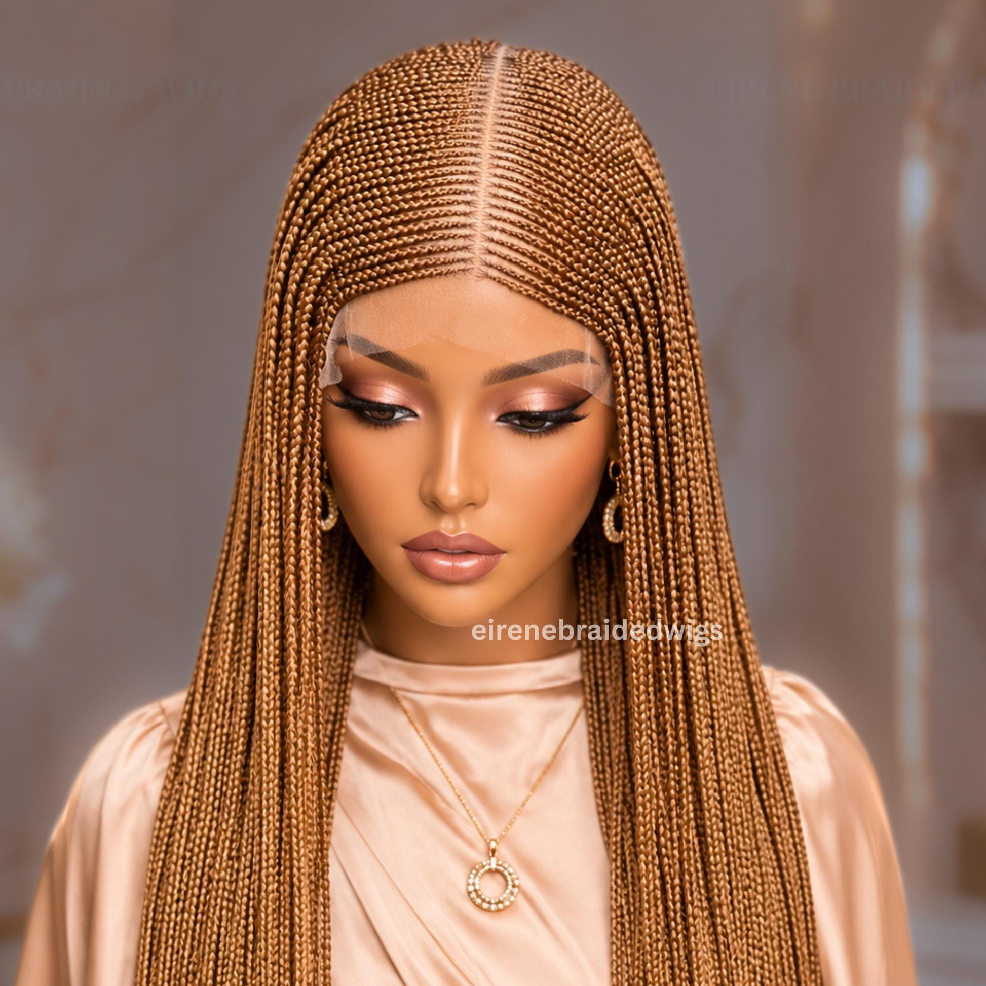 Braided Wigs for Black Women 30" Brown & Gold Cornrow Braid Wig – Middle Part Lace Frontal – product image 4