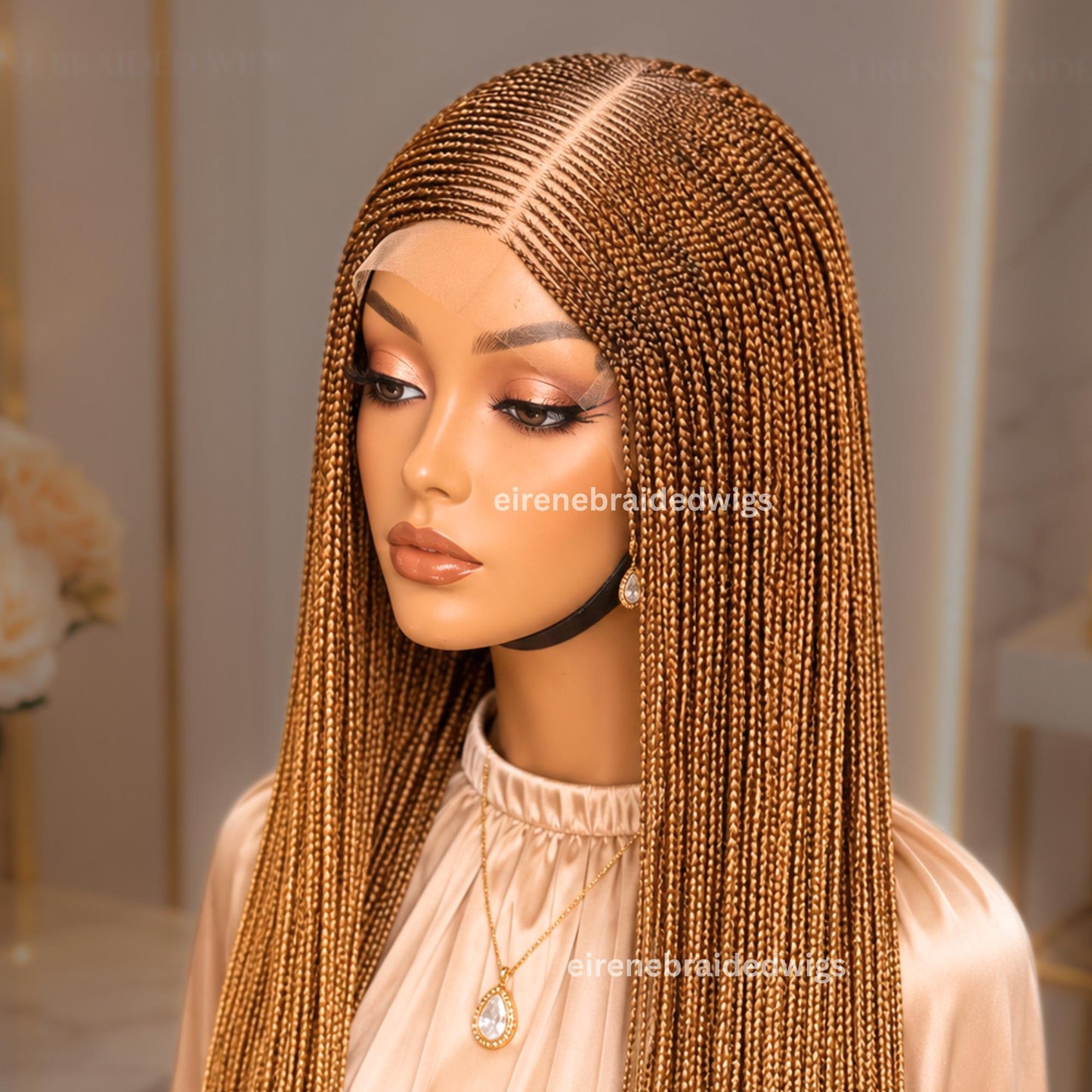 Braided Wigs for Black Women 30" Brown & Gold Cornrow Braid Wig – Middle Part Lace Frontal – product image 3