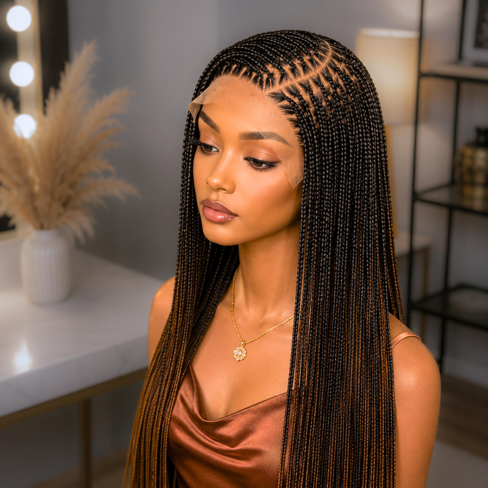 Braided Wigs for Black Women – Bone Straight Black/Brown Ombre Knotless C-curve Single Box Braids Wig with Baby Hair – Lace frontal – product image 1