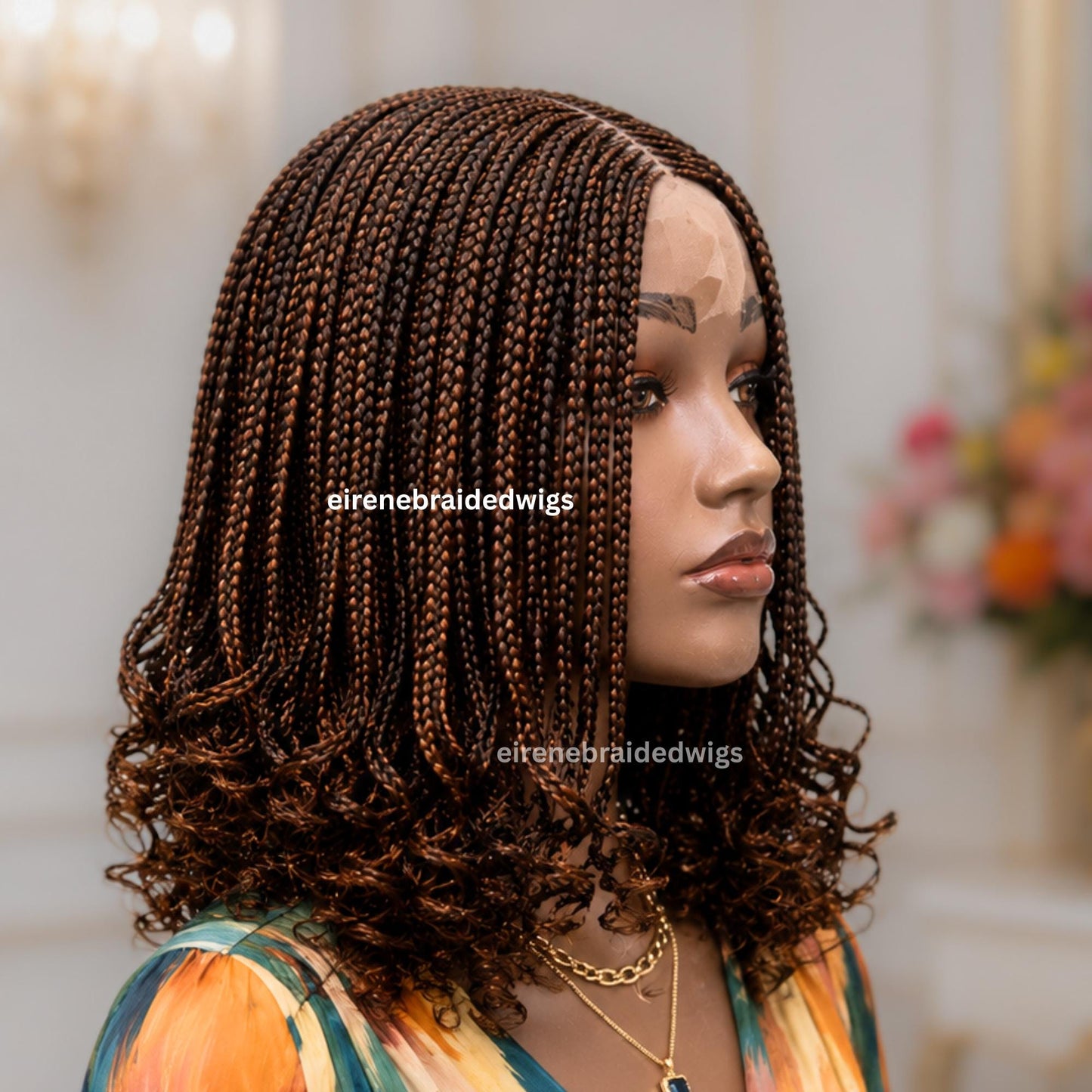 Braided Wig for Black Women – Brown Curly Short Bob Lace Closure Braids Wig – Fulani Cornrow Full Density Black Curly Cig – product image 6