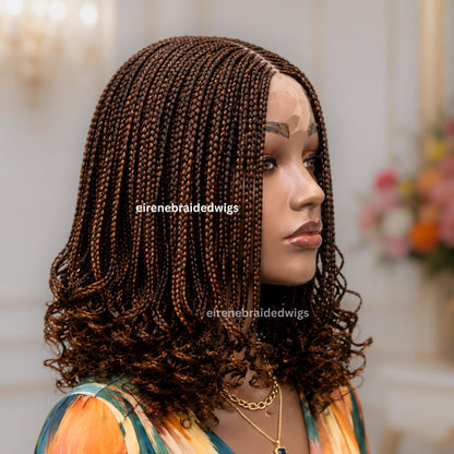 Braided Wig for Black Women – Brown Curly Short Bob Lace Closure Braids Wig – Fulani Cornrow Full Density Black Curly Cig – product image 6