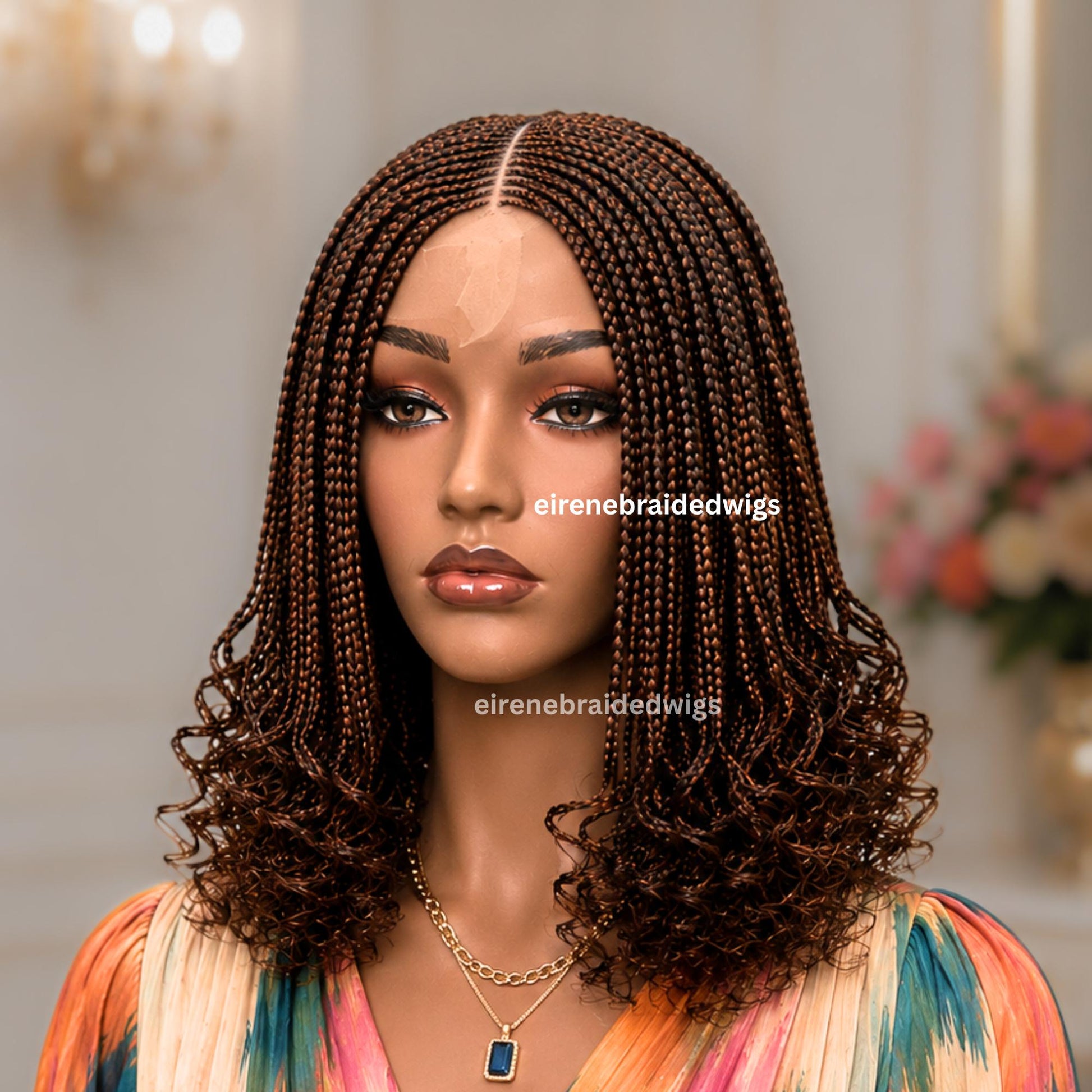 Braided Wig for Black Women – Brown Curly Short Bob Lace Closure Braids Wig – Fulani Cornrow Full Density Black Curly Cig – product image 4