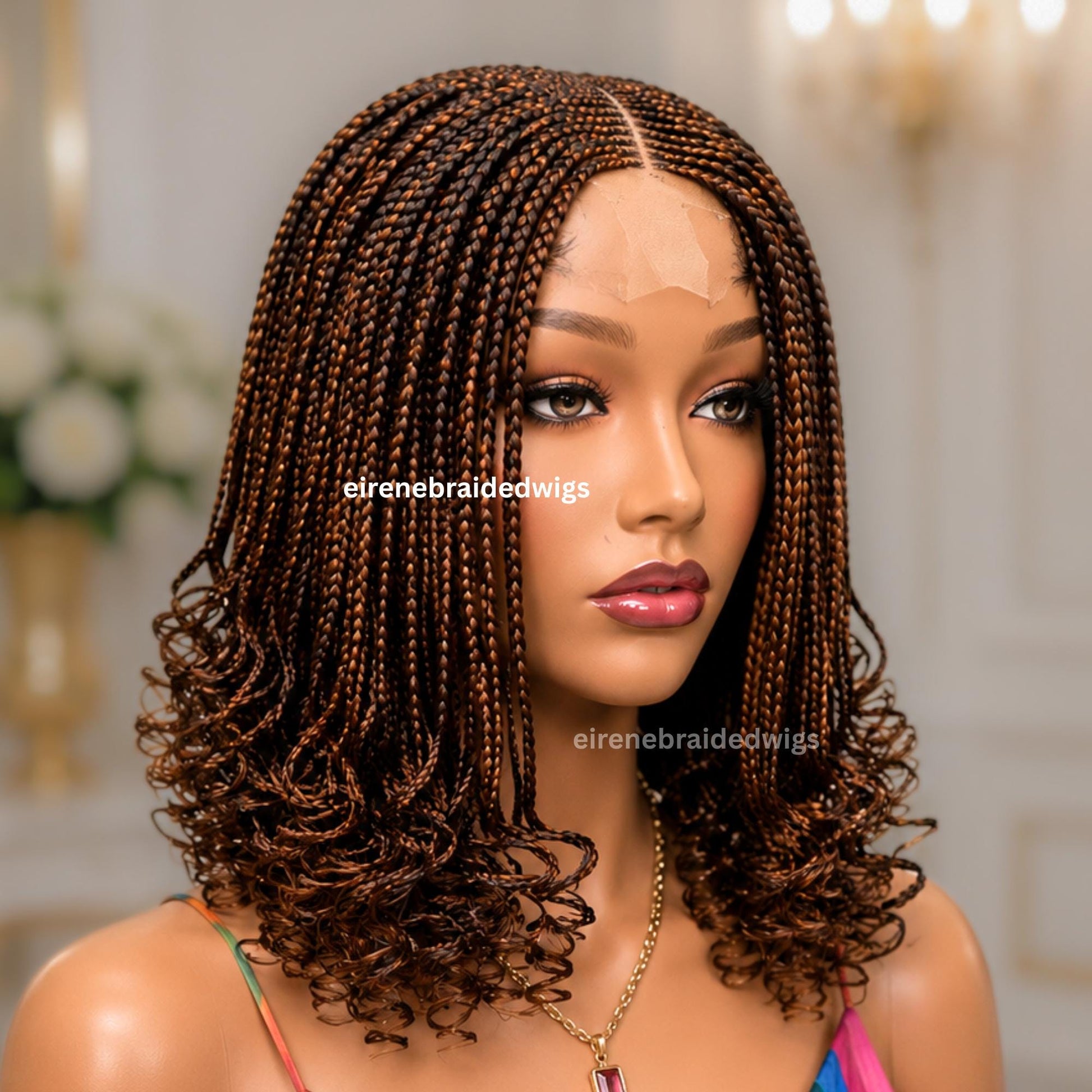 Braided Wig for Black Women – Brown Curly Short Bob Lace Closure Braids Wig – Fulani Cornrow Full Density Black Curly Cig – product image 2
