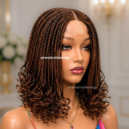 Braided Wig for Black Women – Brown Curly Short Bob Lace Closure Braids Wig – Fulani Cornrow Full Density Black Curly Cig – product image 2