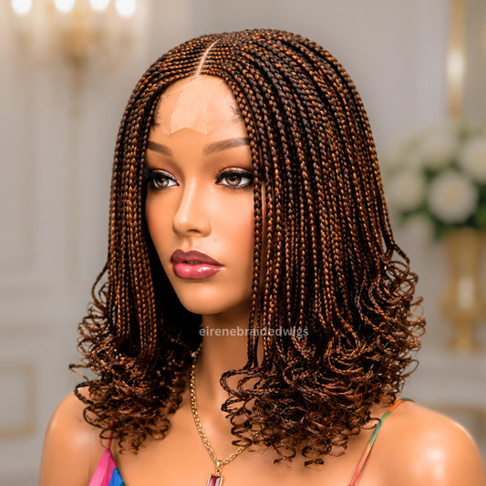 Braided Wig for Black Women – Brown Curly Short Bob Lace Closure Braids Wig – Fulani Cornrow Full Density Black Curly Cig – product image 1