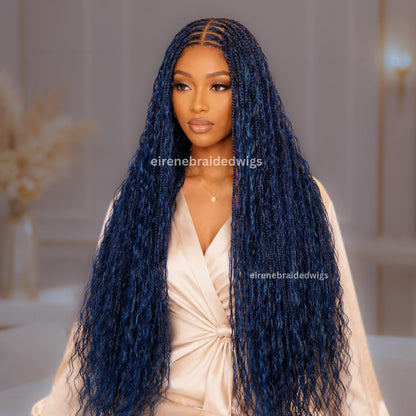 30inch Braided Wigs for Black Women – Knotless Boho Goddess Braid Wig – Black Blue Curly Human Hair Blend Full Lace Wig – product image 5