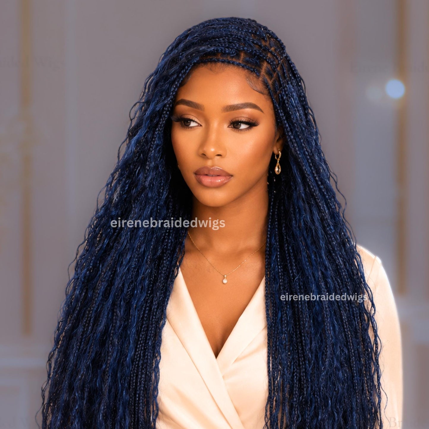 30inch Braided Wigs for Black Women – Knotless Boho Goddess Braid Wig – Black Blue Curly Human Hair Blend Full Lace Wig – product image 2