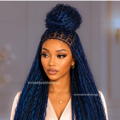 30inch Braided Wigs for Black Women – Knotless Boho Goddess Braid Wig – Black Blue Curly Human Hair Blend Full Lace Wig – product image 1