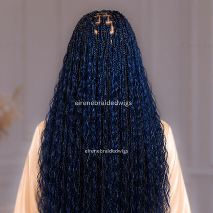 30inch Braided Wigs for Black Women – Knotless Boho Goddess Braid Wig – Black Blue Curly Human Hair Blend Full Lace Wig – product image 6