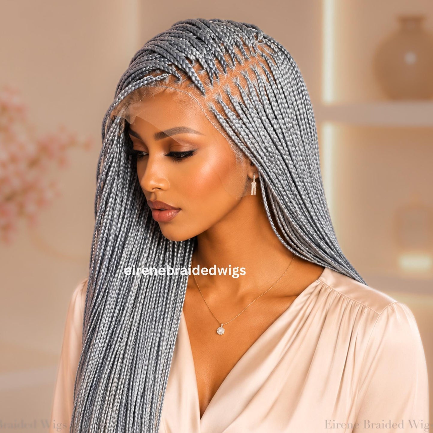 Braided Wigs for Black Women Knotless Box Braided Wig – Long Silver Grey Boho Full Lace Wig – product image 2